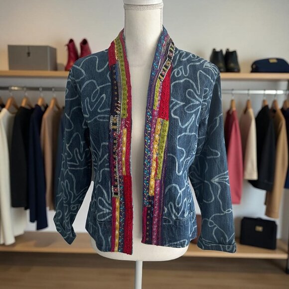 CHICOS Denim Patterned Multicolor Trim Jacket Blazer Size Chicos 1 US M 8 - Picture 1 of 7